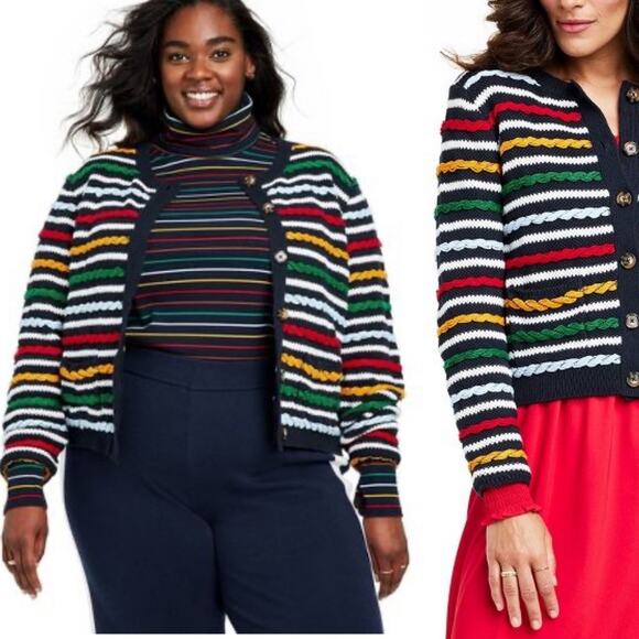 1X 🔖 LA LIGNE x Target Women's Textured Striped Cardigan Sweater Navy Red - Picture 3 of 16